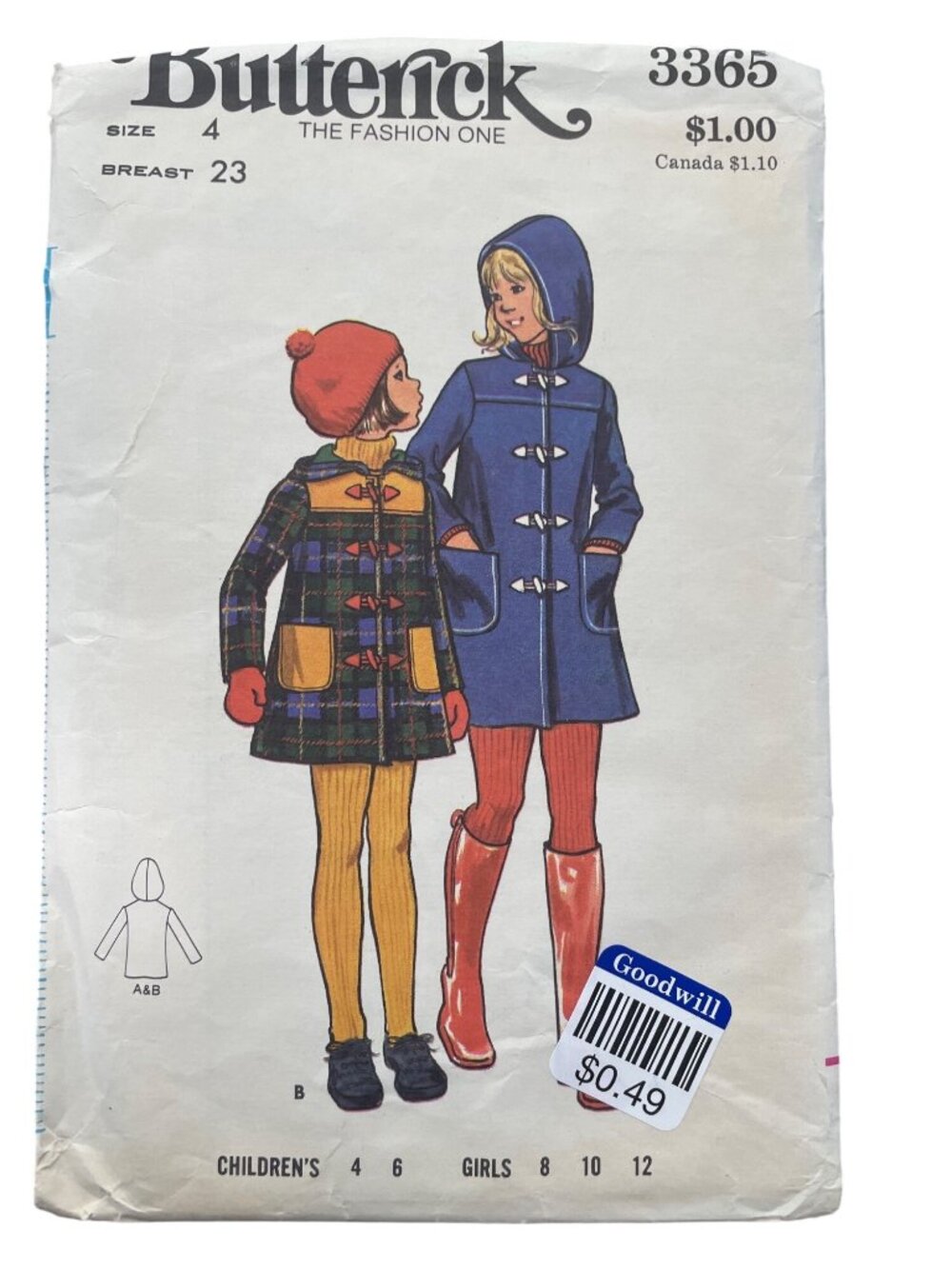 Vintage Butterick 3365 Sewing Pattern Size 4 Childrens & Girls Coat A-Line CUT